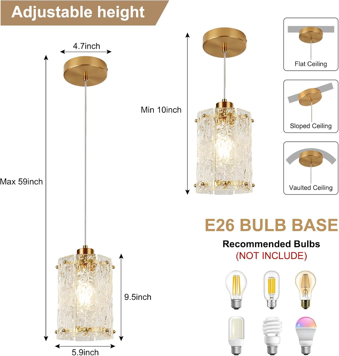Gold Pendant Lights Kitchen Island 1 Pack Modern Water Ripple Glass Pendant Lights Mini Chandelier Adjustable Hanging Pendant Lighting for Kitchen Island Dining Room Over Sink Table Entryway