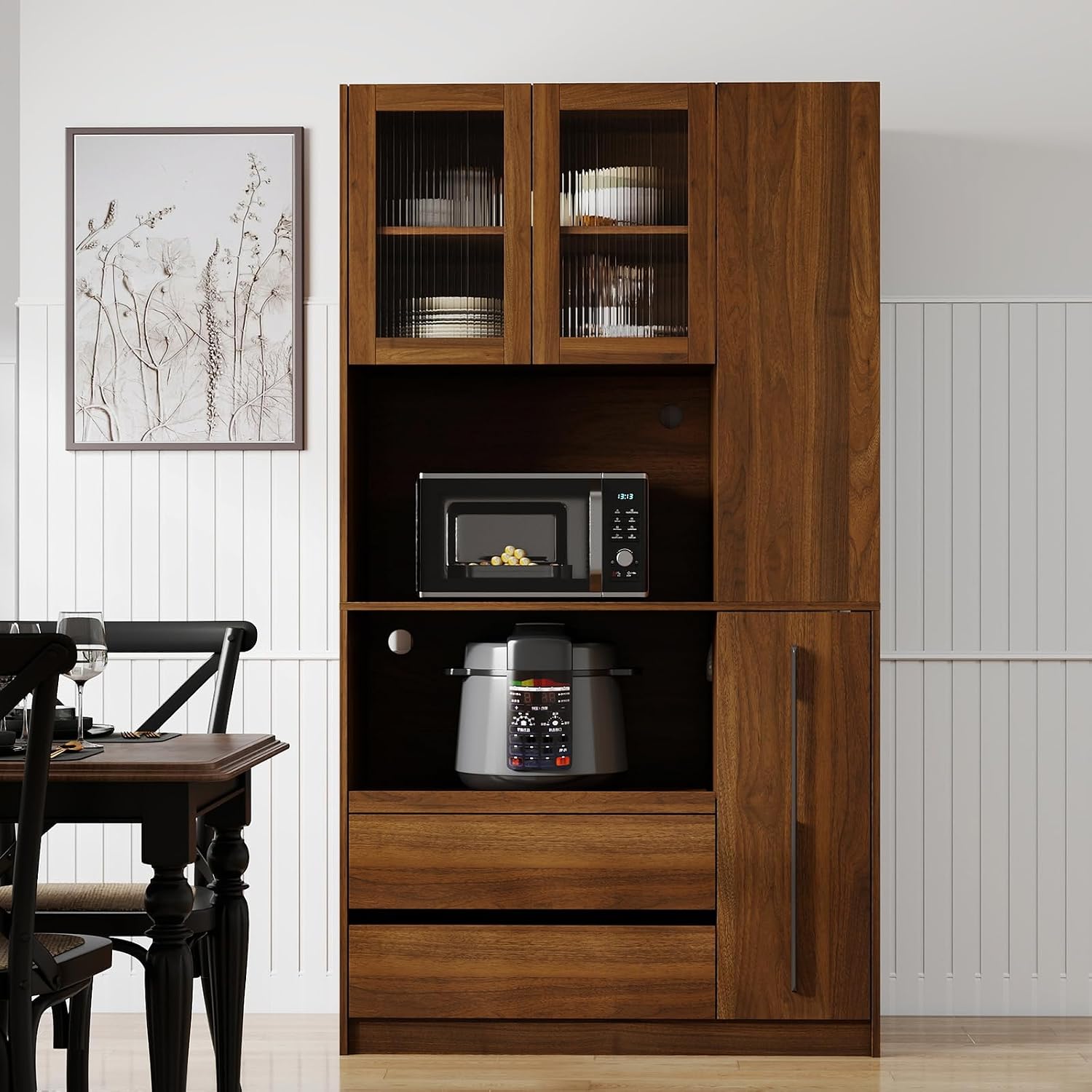 Tall Kitchen Hutch Cabinet with Pull-out Shelves, Storage Drawers, Glass Doors Freestanding Cable Management Pantry Large Kitchen Cupboard for Dining Room with Microwave Countertop Walnut Finish