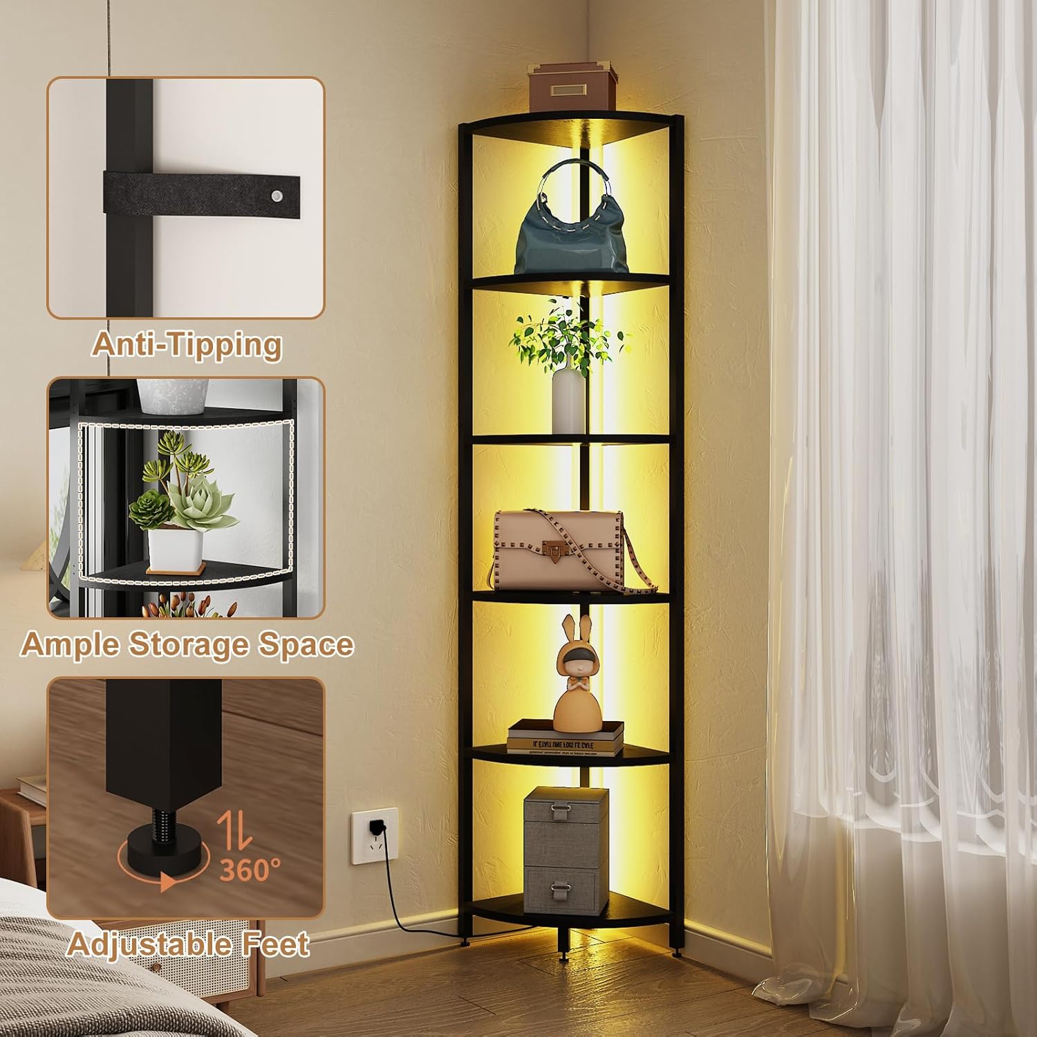 6-Tier Corner Shelf with LED Lights - 65" Tall Narrow Bookshelf, Standing Shelf with Storage Rack, Sturdy Metal Frame & Waterproof Shelves, Rustic Brown, for Living Room/Bedroom/Bathroom
