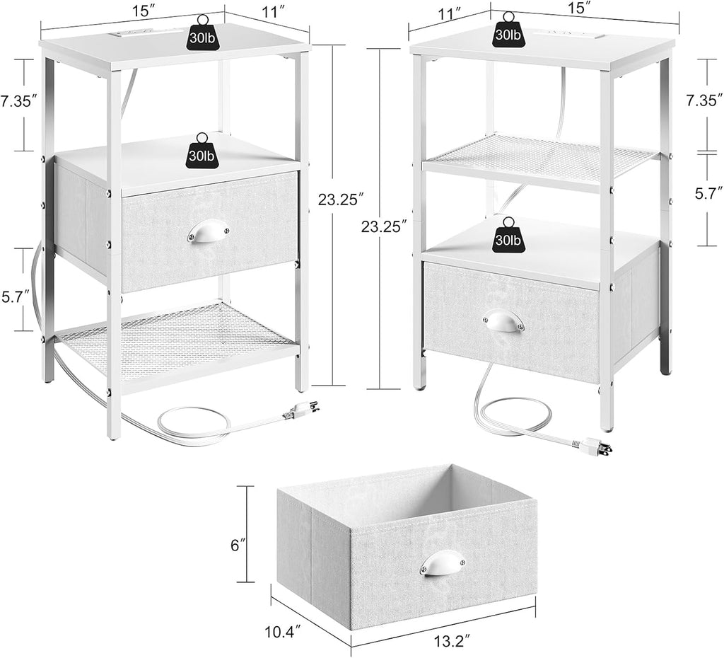sthmec Nightstands Set of 2, LED Bedside Tables with Charging Station and Fabric Drawer, Night Stand with Storage, 3 Tier Side Table with Open Shelf, LED Nightstand with Charging Station, White