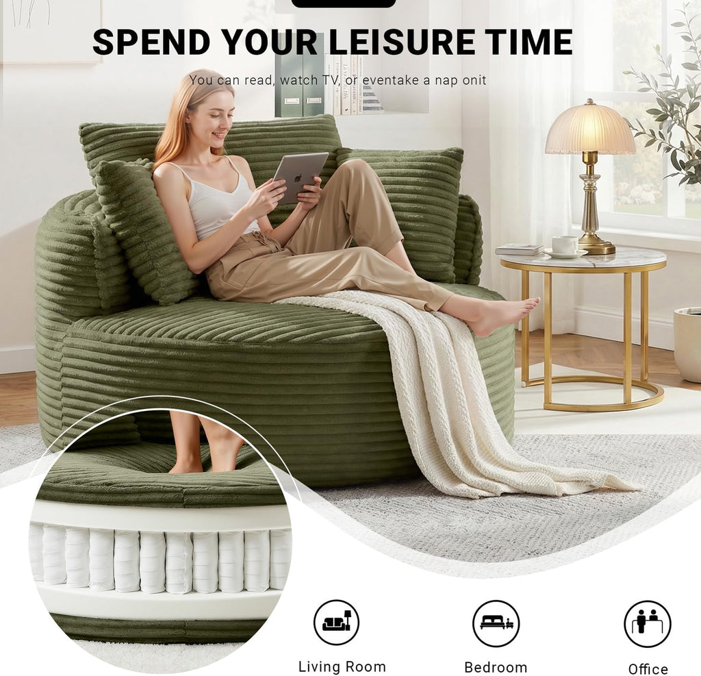 ivoros Oversized Round Lounge Chair Indoor, Corduroy Upholstered Deep Seat Cloud Circle Sofa Chair, Fluffy Boneless Sleeper Chair for Reading & Lounging, No Assembly Required (Green)