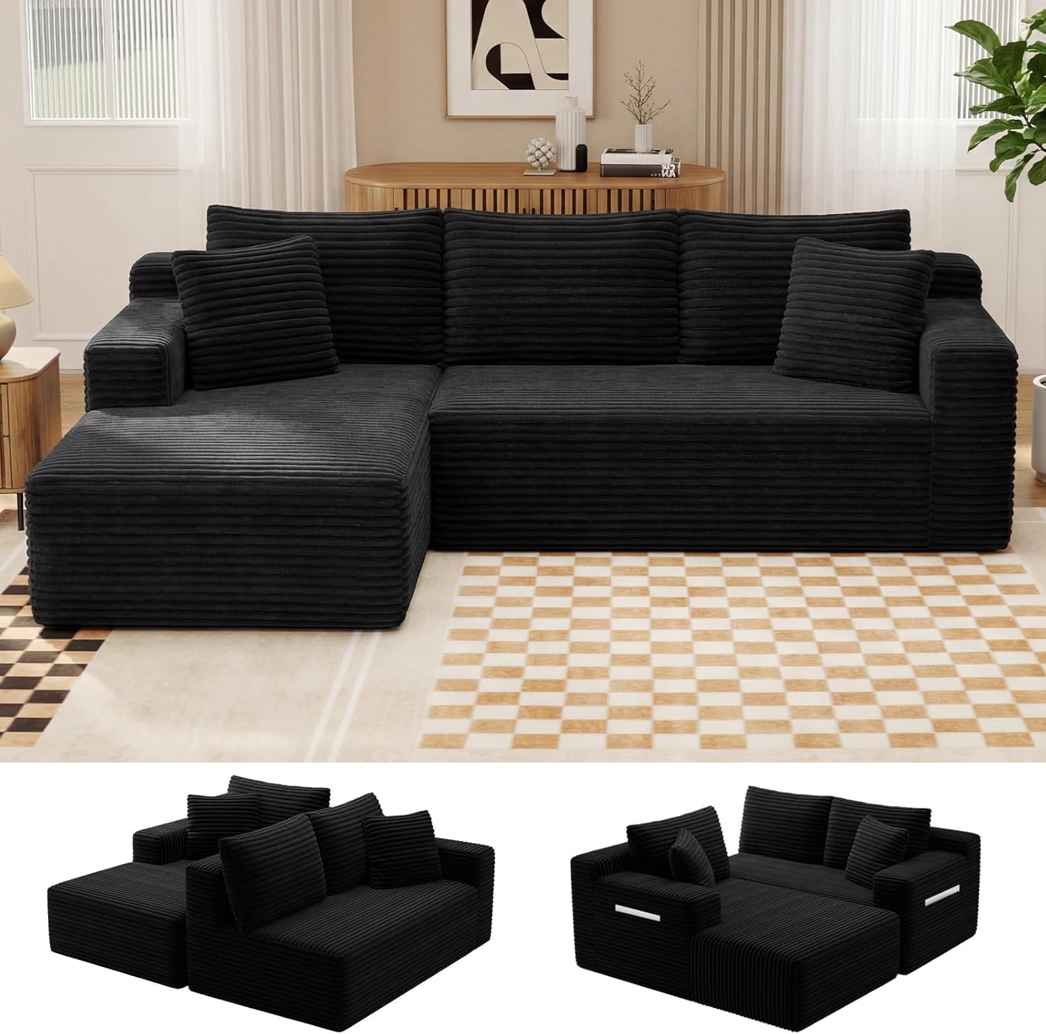 94.5" L-Shaped Cloud Sectional Couch for Living Room, Modern Minimalist Upholstered Boneless Sofa,Corduroy Fabric Modular Sectional Sofa with Chaise, No Assembly Required (Black, Left)