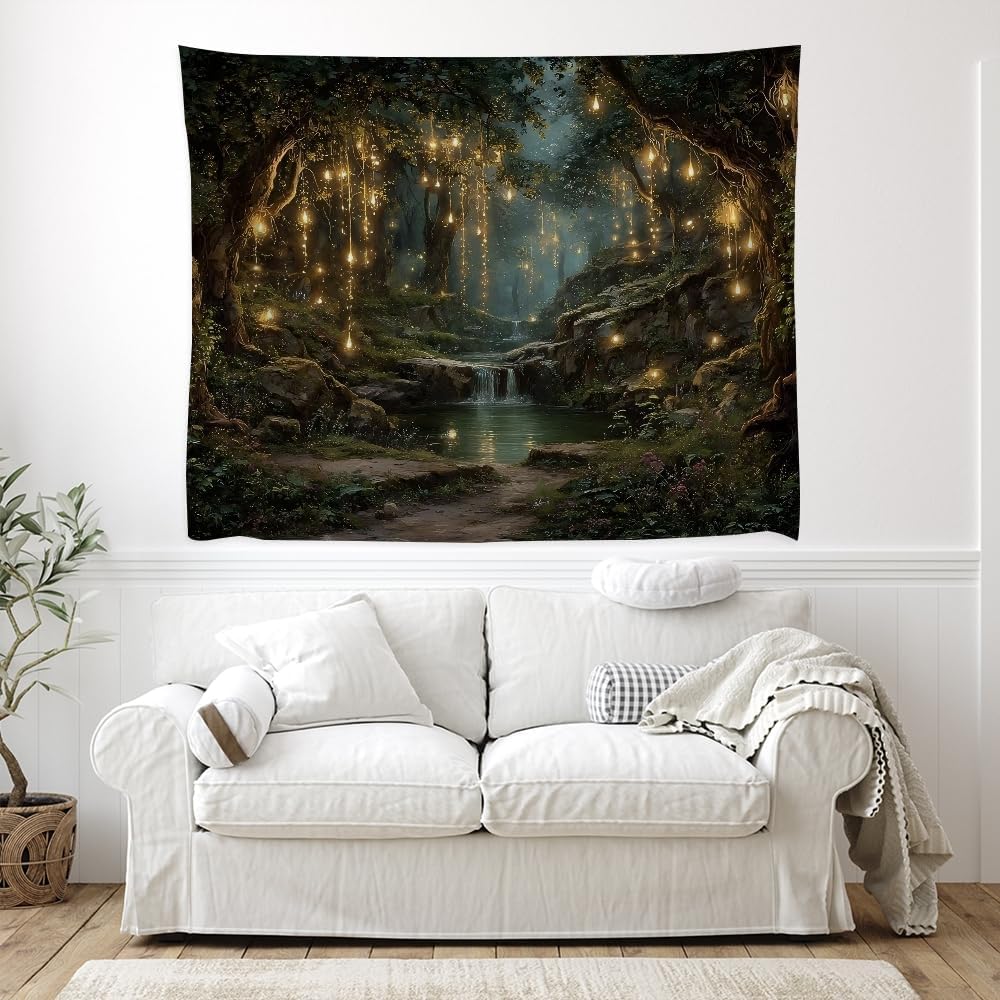 xyeey Gothic Fantasy Enchanted Forest Tapestry Mystical Waterfall Painting Wall Hanging Decor Fairy Lights Nature Landscape Art Vintage Tapestries for Living Room Gallery Wall Decor white60x80inch