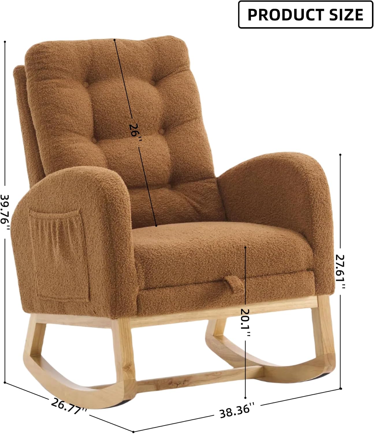 Accent Rocking Chair with Footrest, High Back Upholstered Rocker with Rubber Wood Legs, Lounge Armchair with Side Storage Pocket for Living Room Bedroom Nursery (1, Caramel)