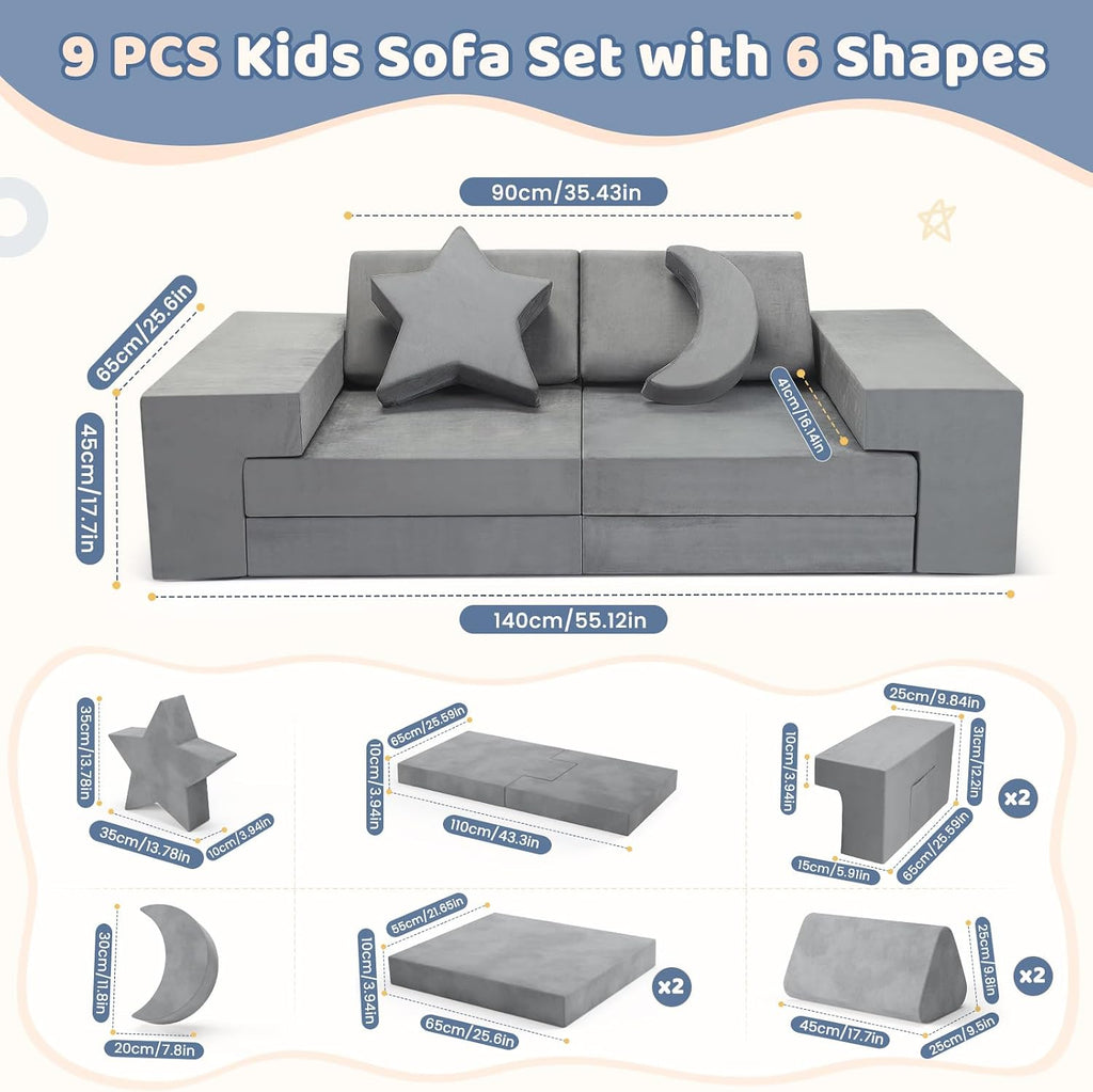 Lischwert Kids Couch, Modular Kids Play Couch, Child Sofa for Girls Boys, Toddler Sectional Sofa with Building Fort, Convertible Foam Playhouse for Baby Indoor Outdoor (9, Grey)