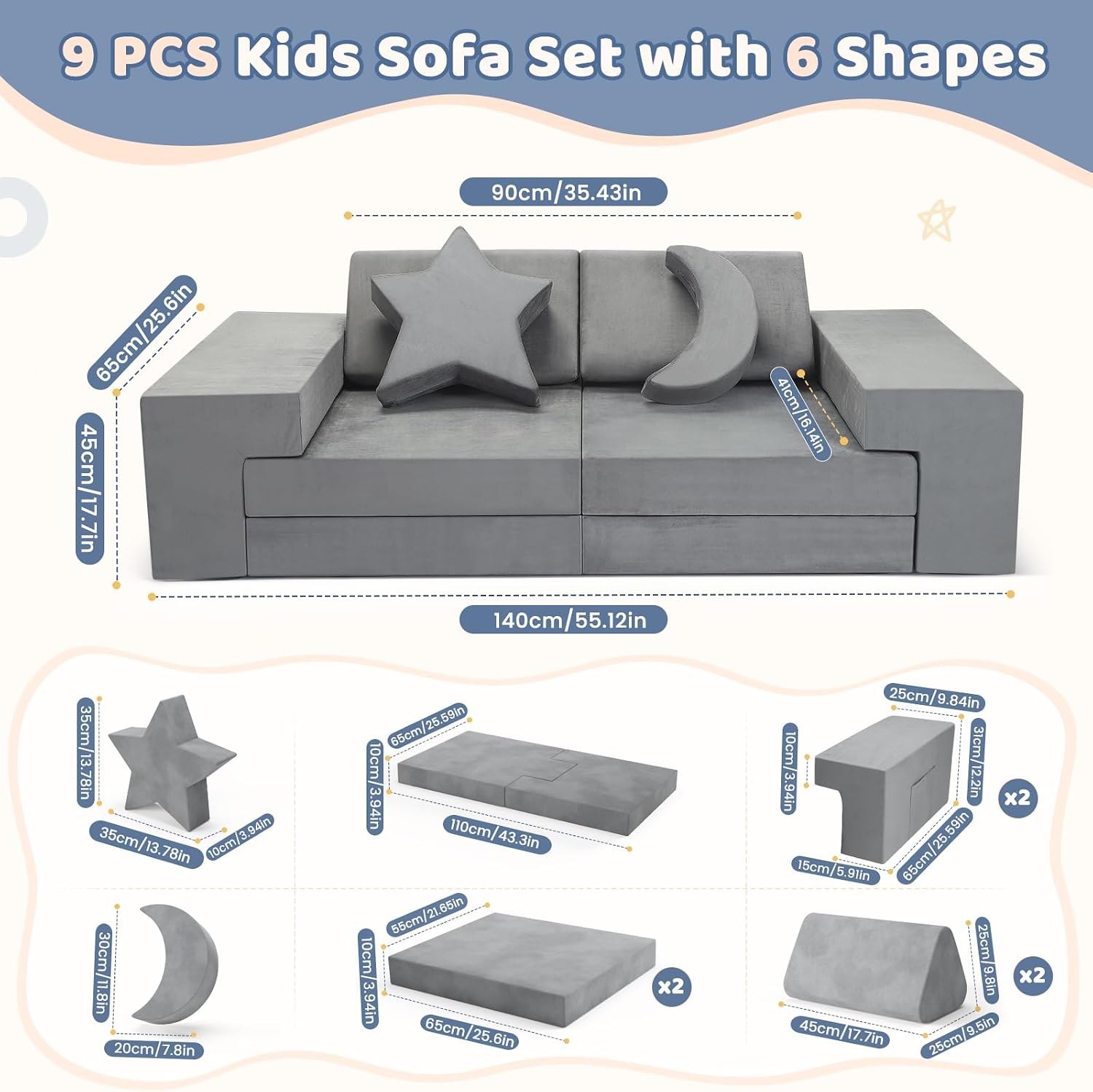 Lischwert Kids Couch, Modular Kids Play Couch, Child Sofa for Girls Boys, Toddler Sectional Sofa with Building Fort, Convertible Foam Playhouse for Baby Indoor Outdoor (9, Grey)