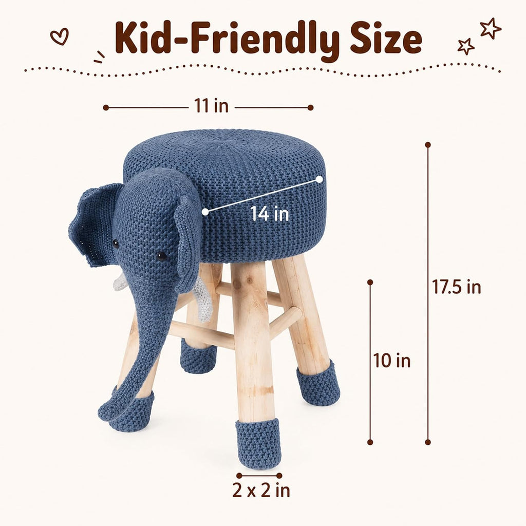 Anwick Cute Elephant Ottoman Stool, Animal Upholstered Footstool with Solid Wood Legs, Portable Padded Small Seat for Bedroom Nursery Playroom Entryway Living Room (Blue)