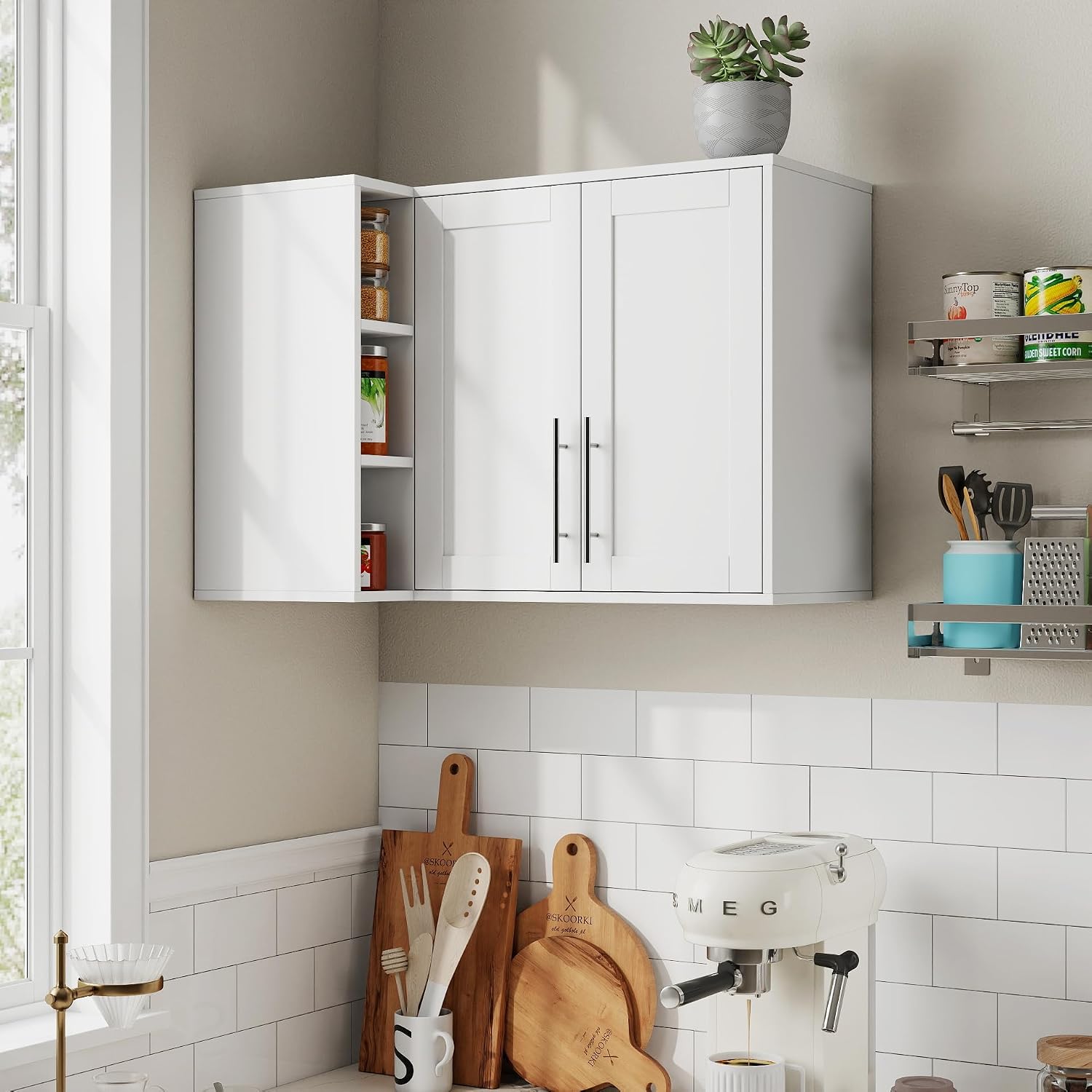 L Shape Wall Mounted Storage Cabinet, White Floating Sideboard Buffet Cabinet with 2 Doors & 3 Open Shelves, Wall Storage Organizer for Kitchen Dining Room