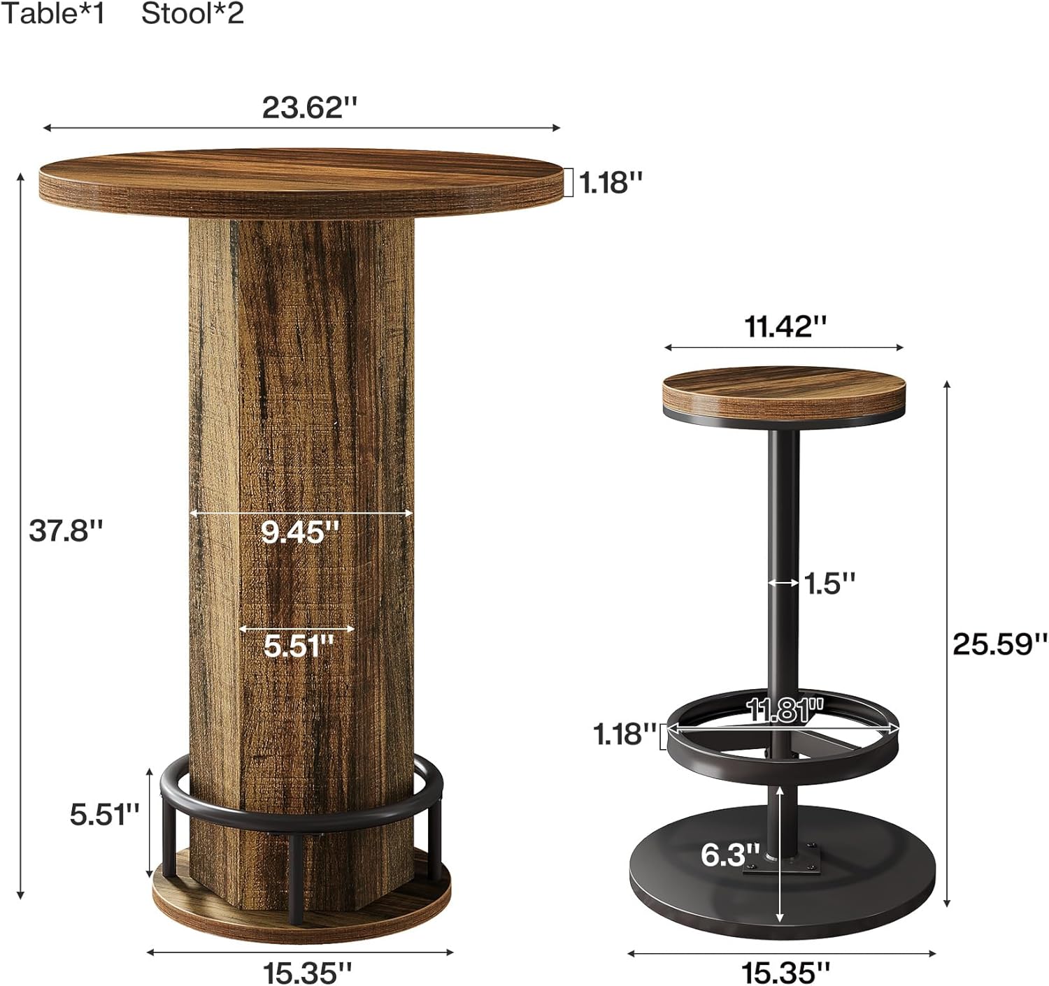 Tribesigns Round Bar Table with Chairs, Industrial Bistro Sets with 2 barstools, Pub Cocktail Table with Metal Ring Footrest for Kitchen Nook, Apartment, Small Space