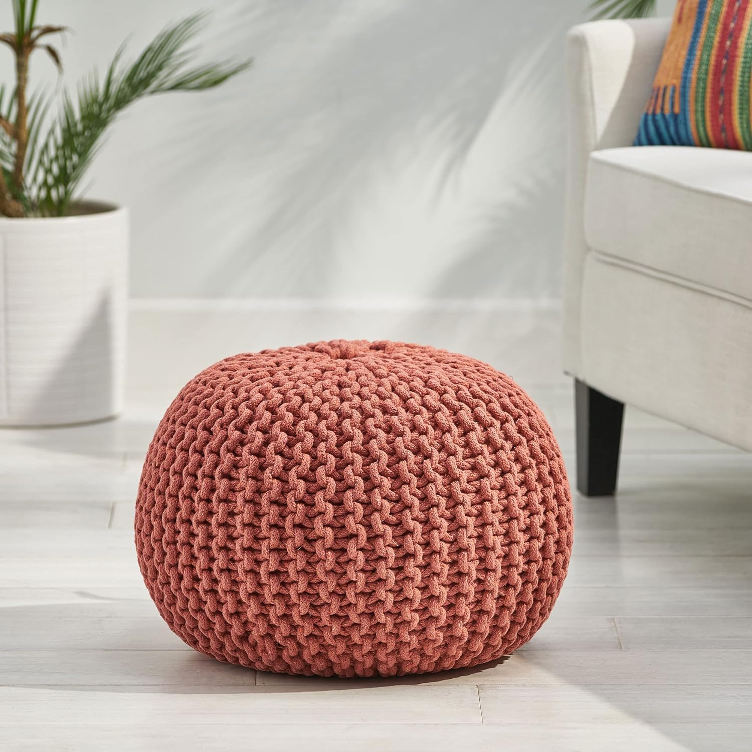 Poona Handcrafted Modern Cotton Pouf, Coral, Soft Upholstered Ottoman with Tassels, Boho Floor Seating for Living Room Bedroom and Nursery