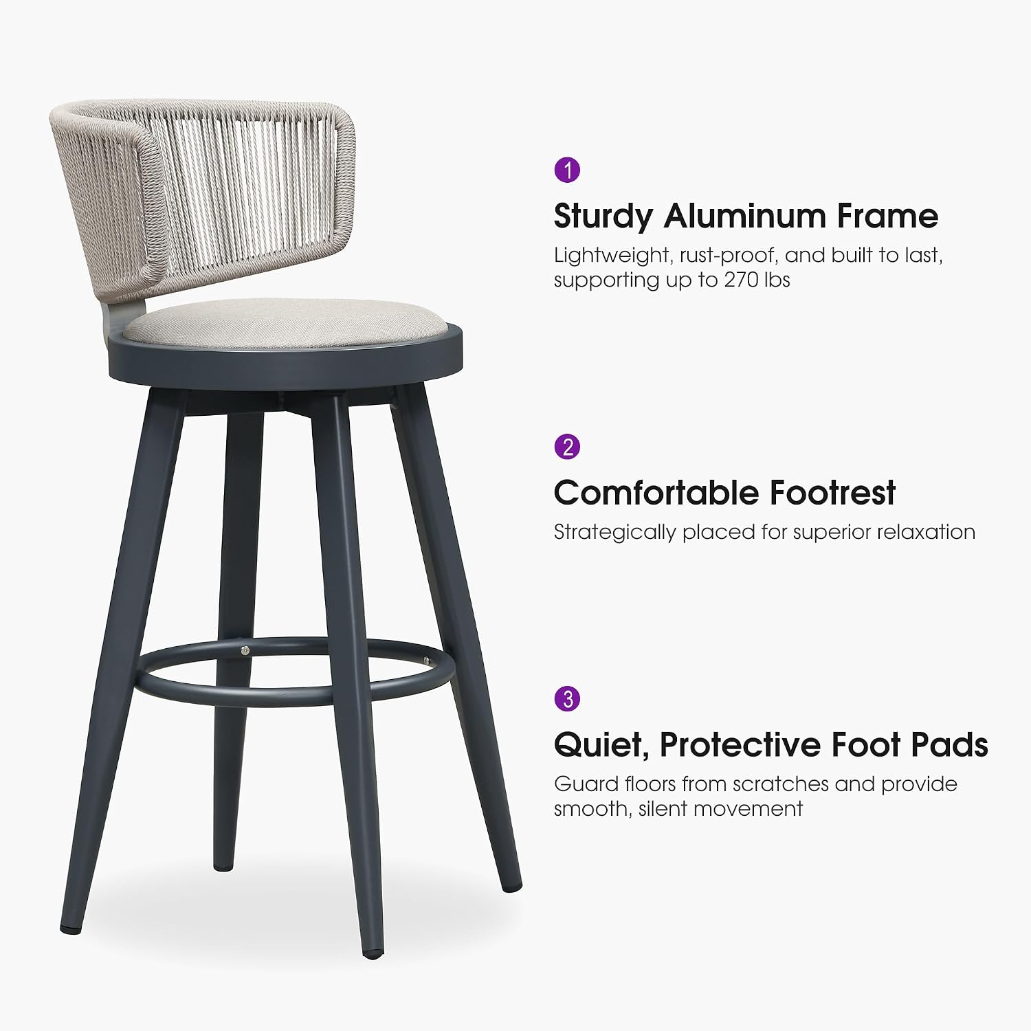PURPLE LEAF Outdoor Bar Stools Set of 4 30 Inch Patio Swivel Bar Stool Chairs with Ergonomic Back Outdoor Aluminum Barstools for Porch Garden Indoor Kitchen, Grey