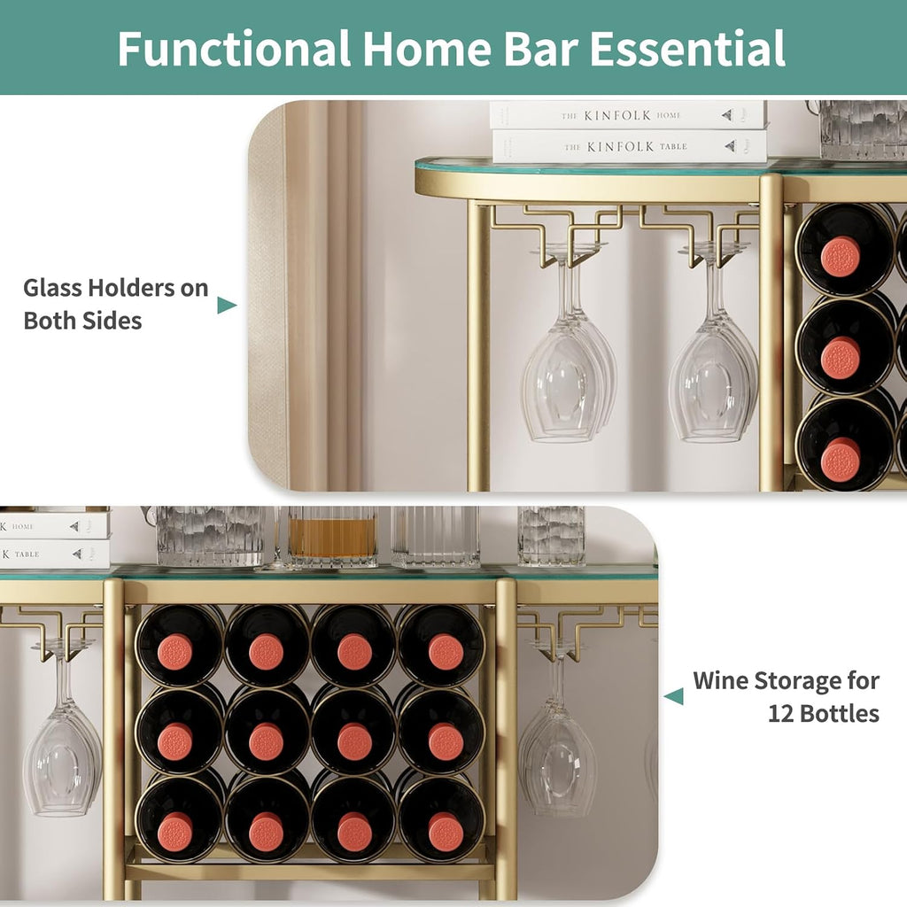 O&K FURNITURE Home Bar Table with Wine Racks, 3 Tier Wine Bar Table with Glass Holders, Wine Cabinet with Open Shelf, Liquor Bar Coffee Bar Table for Living Room Kitchen, Gold