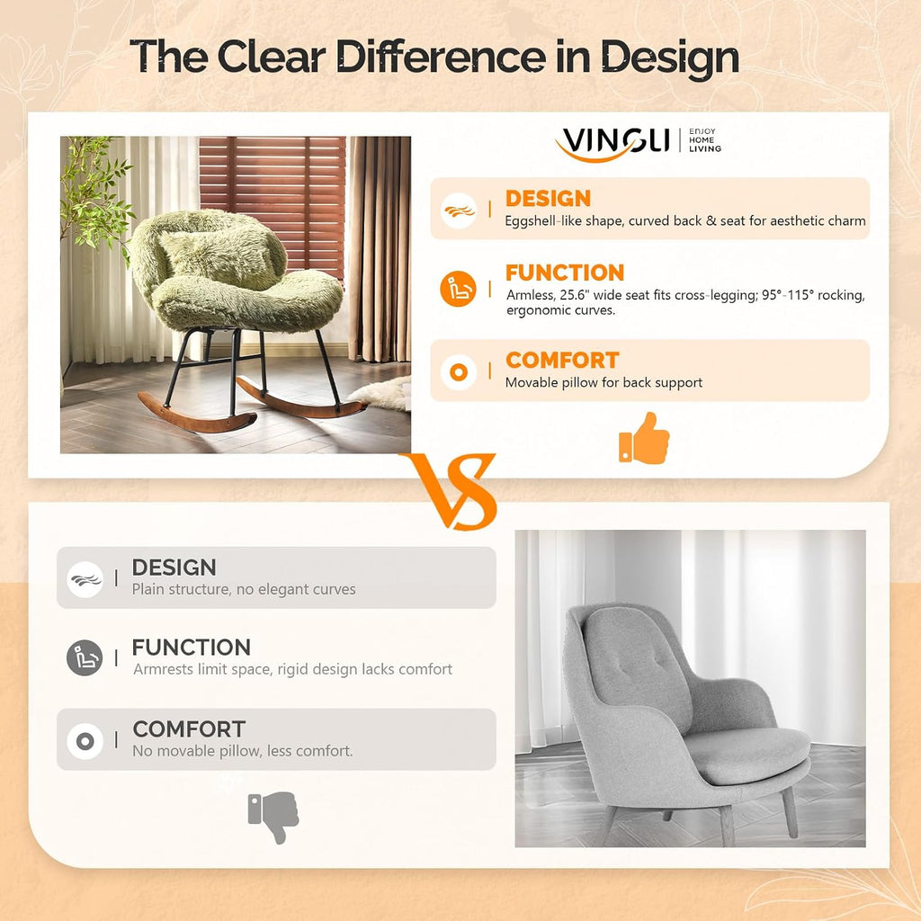 VINGLI 25.6" Extra Wide Criss Cross Nursery Rocking Chair,Cute Curved 115° Reclining Armless Glider,Plush Small Rocker w/Pillow & Solid Wood for Indoor,Bedroom, Living Room,Fluffy Fleece,Lawn Green
