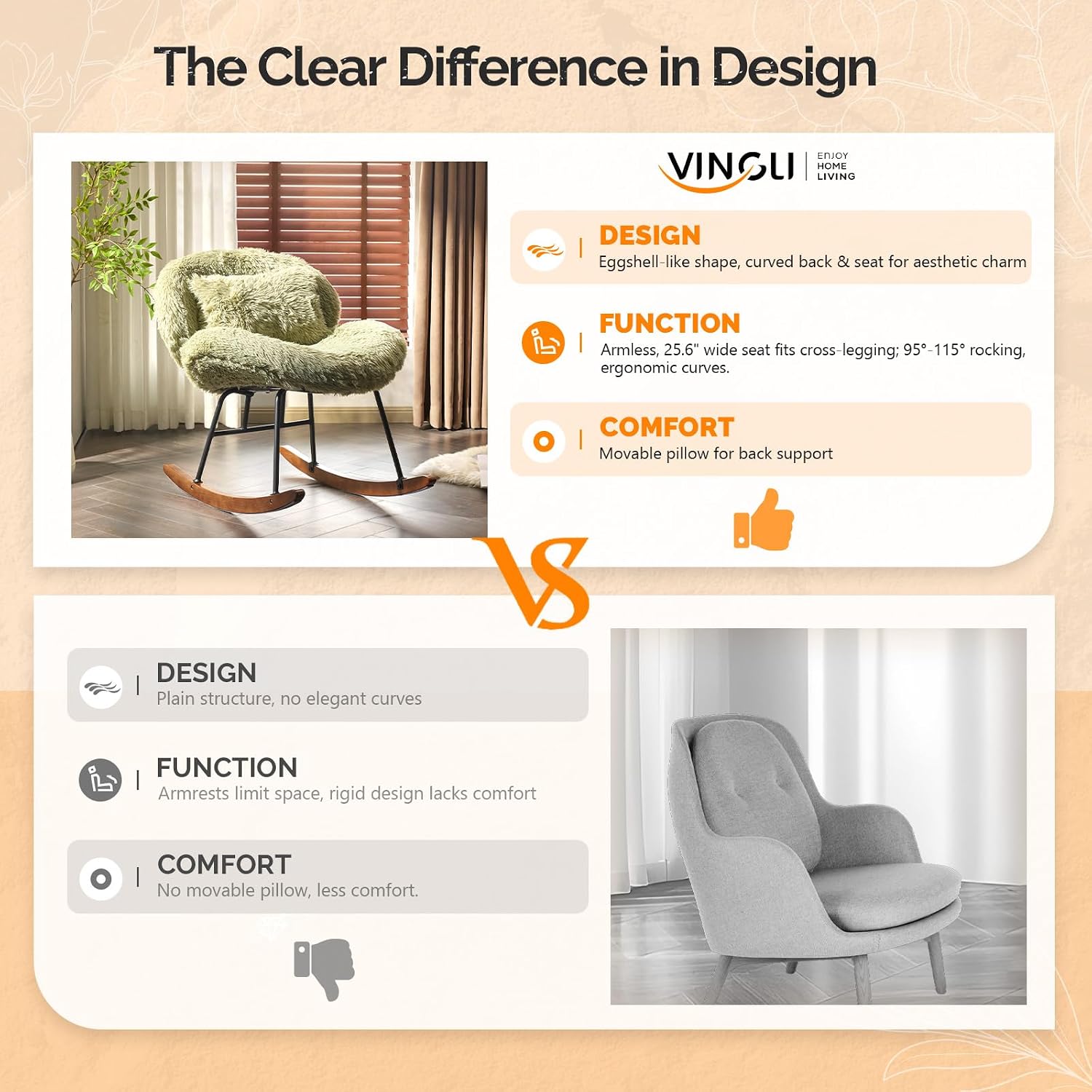 VINGLI 25.6" Extra Wide Criss Cross Nursery Rocking Chair,Cute Curved 115° Reclining Armless Glider,Plush Small Rocker w/Pillow & Solid Wood for Indoor,Bedroom, Living Room,Fluffy Fleece,Lawn Green