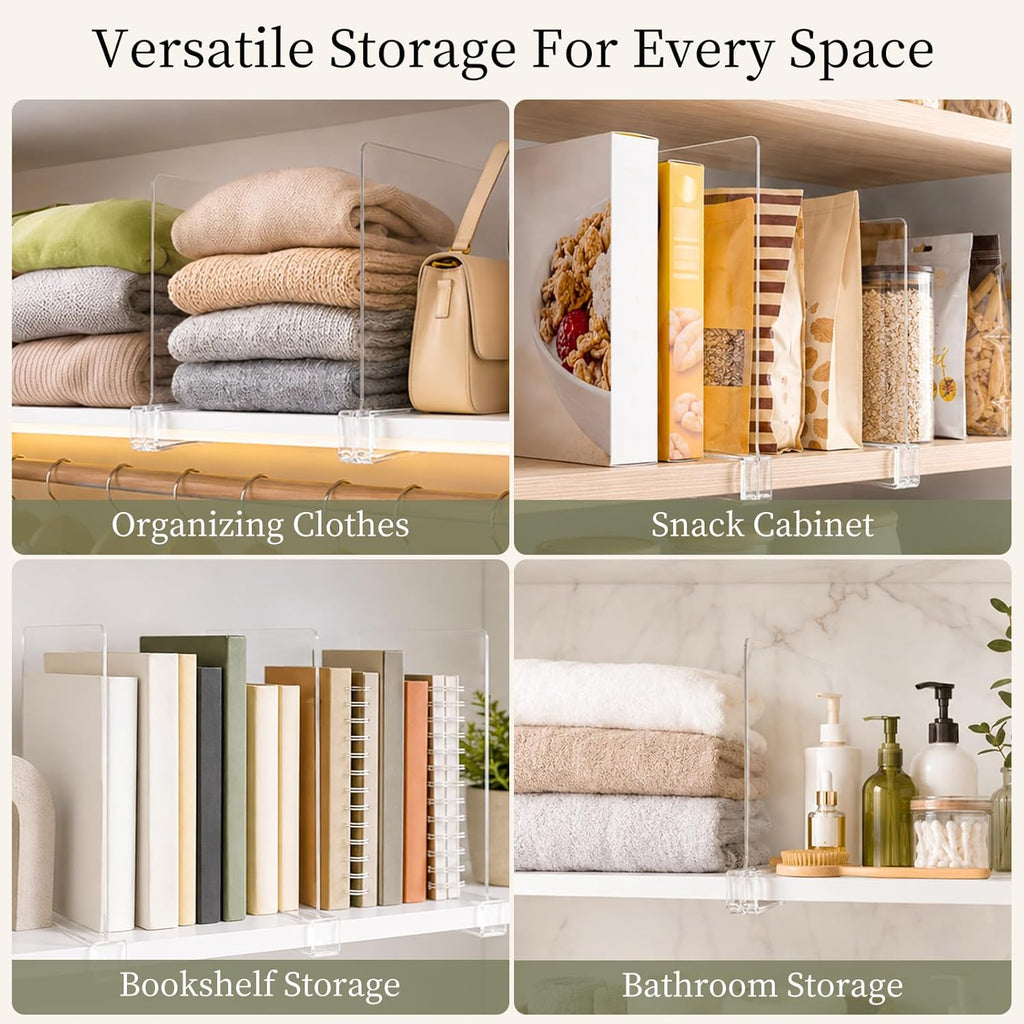 SortNStore Shelf Dividers Purse Organizer for Closet: 8-Pack Acrylic Bag Storage Organizer for Handbags, Clutches, Clothes, Sweater, Towel on Wood Shelves
