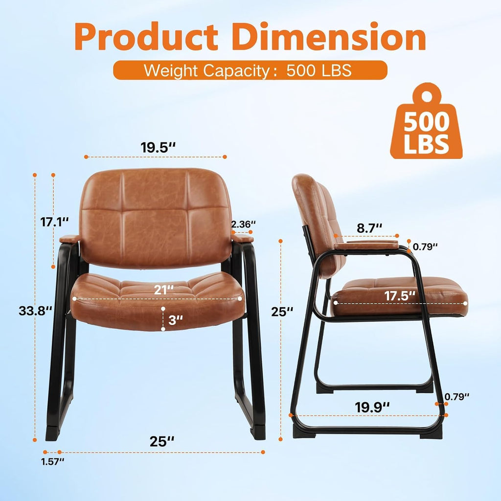 CLATINA Big & Tall 500 lb Waiting Room Chairs with Padded Armrests and Sled Base, Leather Stationary No Wheels Office Reception Guest Chair for Lobby Home and Meeting Conference, Brown (2 Pack)