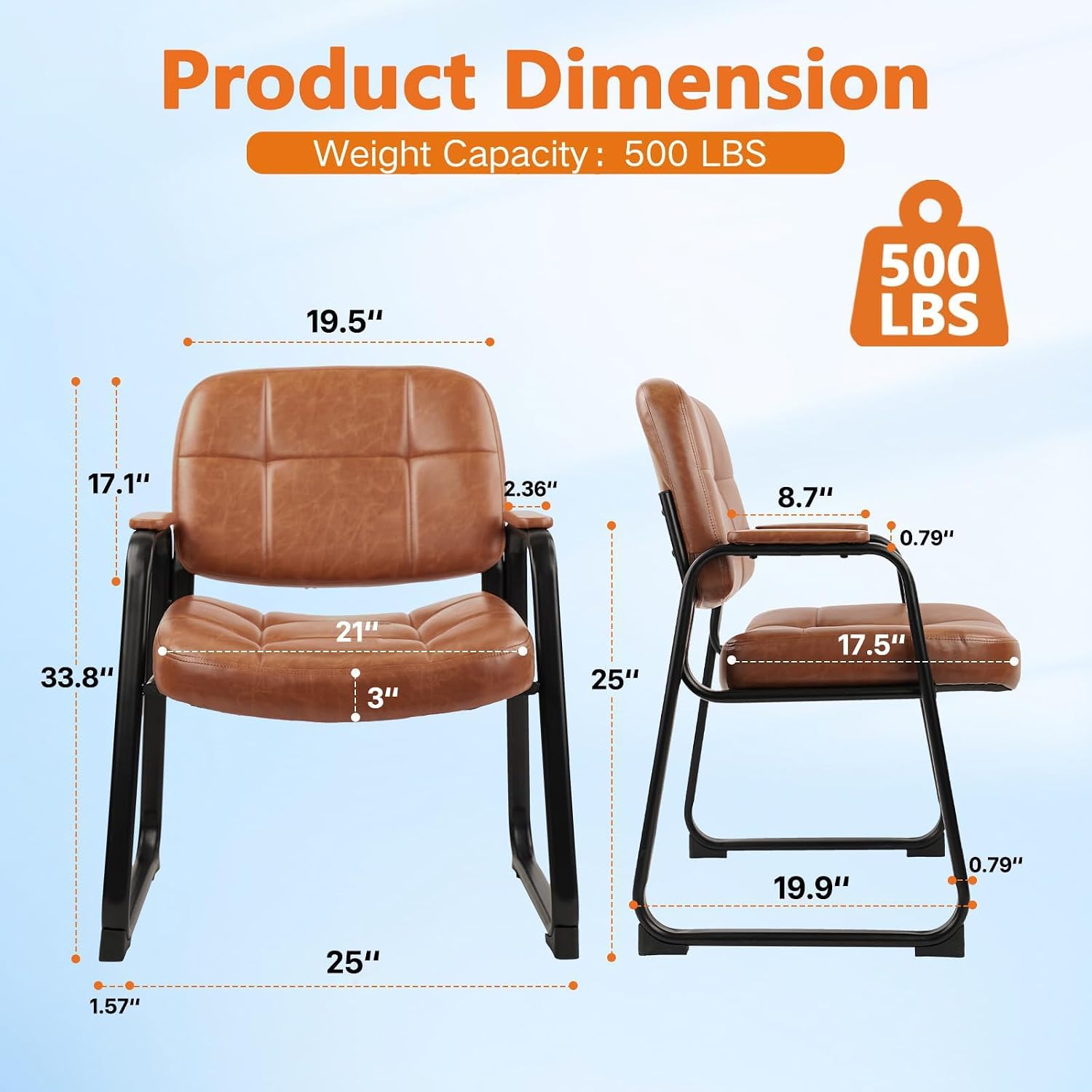 CLATINA Big & Tall 500 lb Waiting Room Chairs with Padded Armrests and Sled Base, Leather Stationary No Wheels Office Reception Guest Chair for Lobby Home and Meeting Conference, Brown (2 Pack)