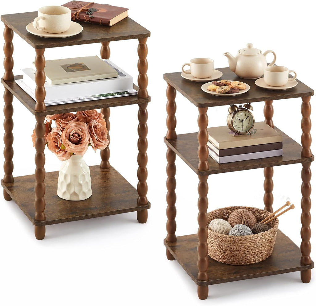 Set of 2 Side Tables 3-Tier Small End Table with Storage Shelf, Modern Bedside Nightstand for Living Room, Bedroom, Office and Small Spaces(Square,Rustic Brown)