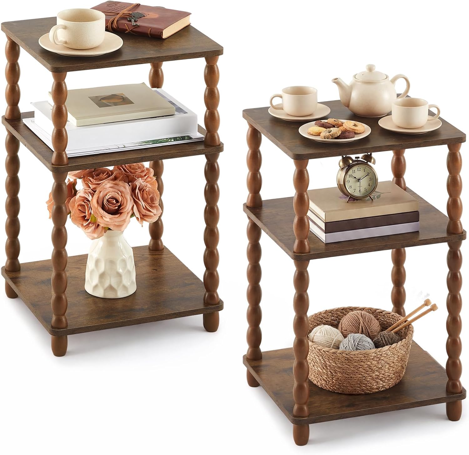 Set of 2 Side Tables 3-Tier Small End Table with Storage Shelf, Modern Bedside Nightstand for Living Room, Bedroom, Office and Small Spaces(Square,Rustic Brown)