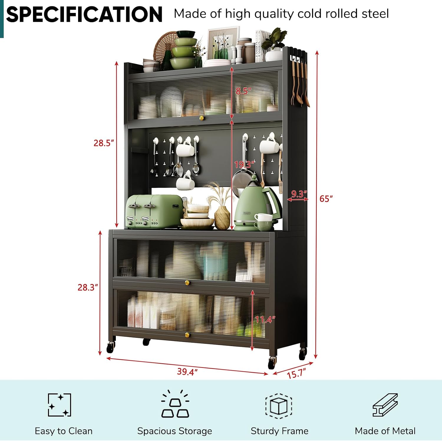 JOYBASE Kitchen Pantry Storage Cabinet with Doors and Wheels, 65" Tall Freestanding Buffet Pantry Cabinet with Microwave Stand Pantry with Storage (Dark Gray, Steel)