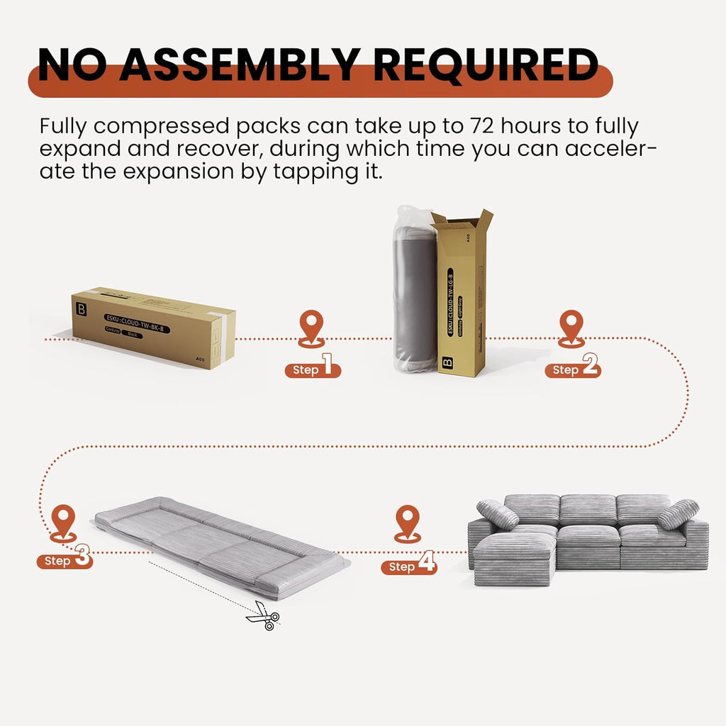 KKL 150" Modular Sectional Sofa, Cloud Sectional Couch U-Shaped with Ottoman, Corduroy Boneless Couch for Living Room Bedroom, Deep-Seat Upholstered Modular Cloud Sofa, No Assembly Required, Grey