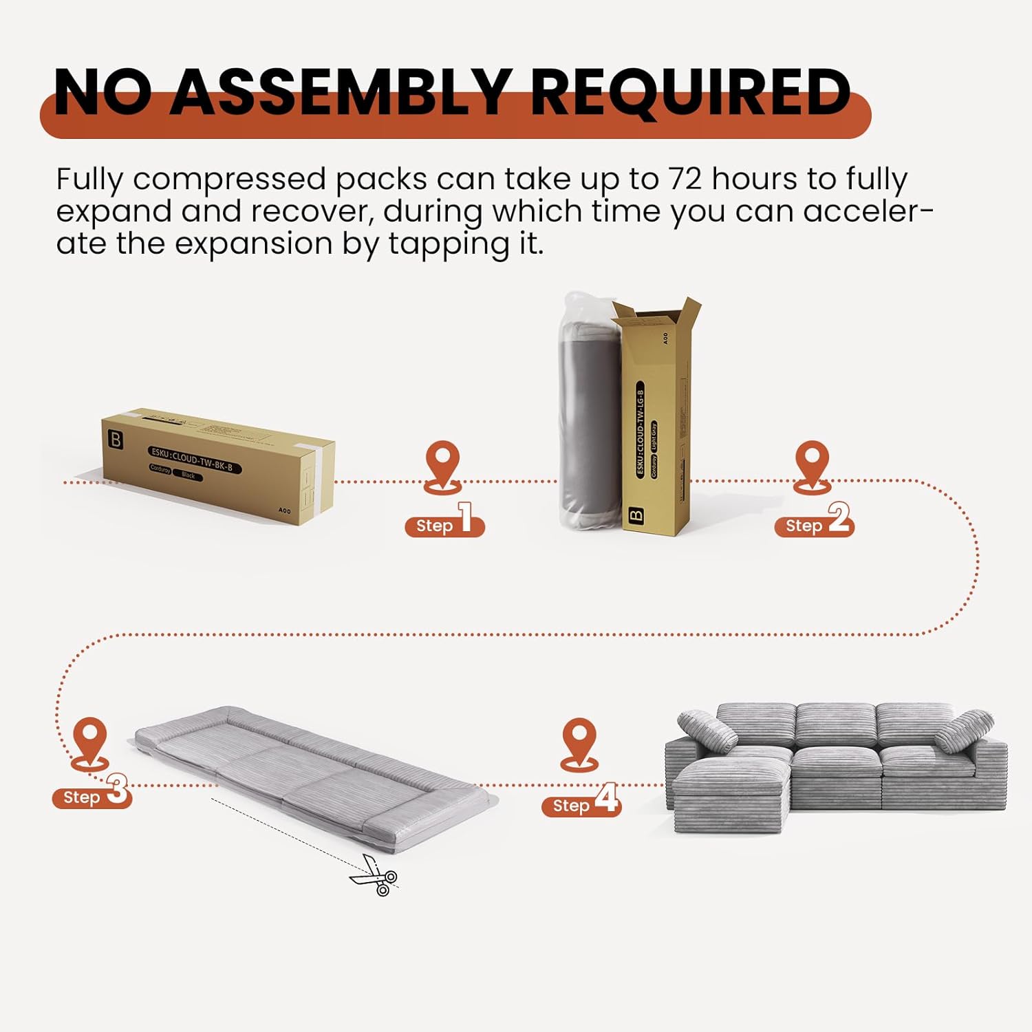 KKL 150" Modular Sectional Sofa, Cloud Sectional Couch U-Shaped with Ottoman, Corduroy Boneless Couch for Living Room Bedroom, Deep-Seat Upholstered Modular Cloud Sofa, No Assembly Required, Grey