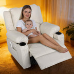 Faux Leather Rocker Recliner with Heat and Massage Cup Holders, Overstuffed Rocking Recliner Swivel Glider Chair for Nursery Heated Massaging Reclining Chair, Cream White