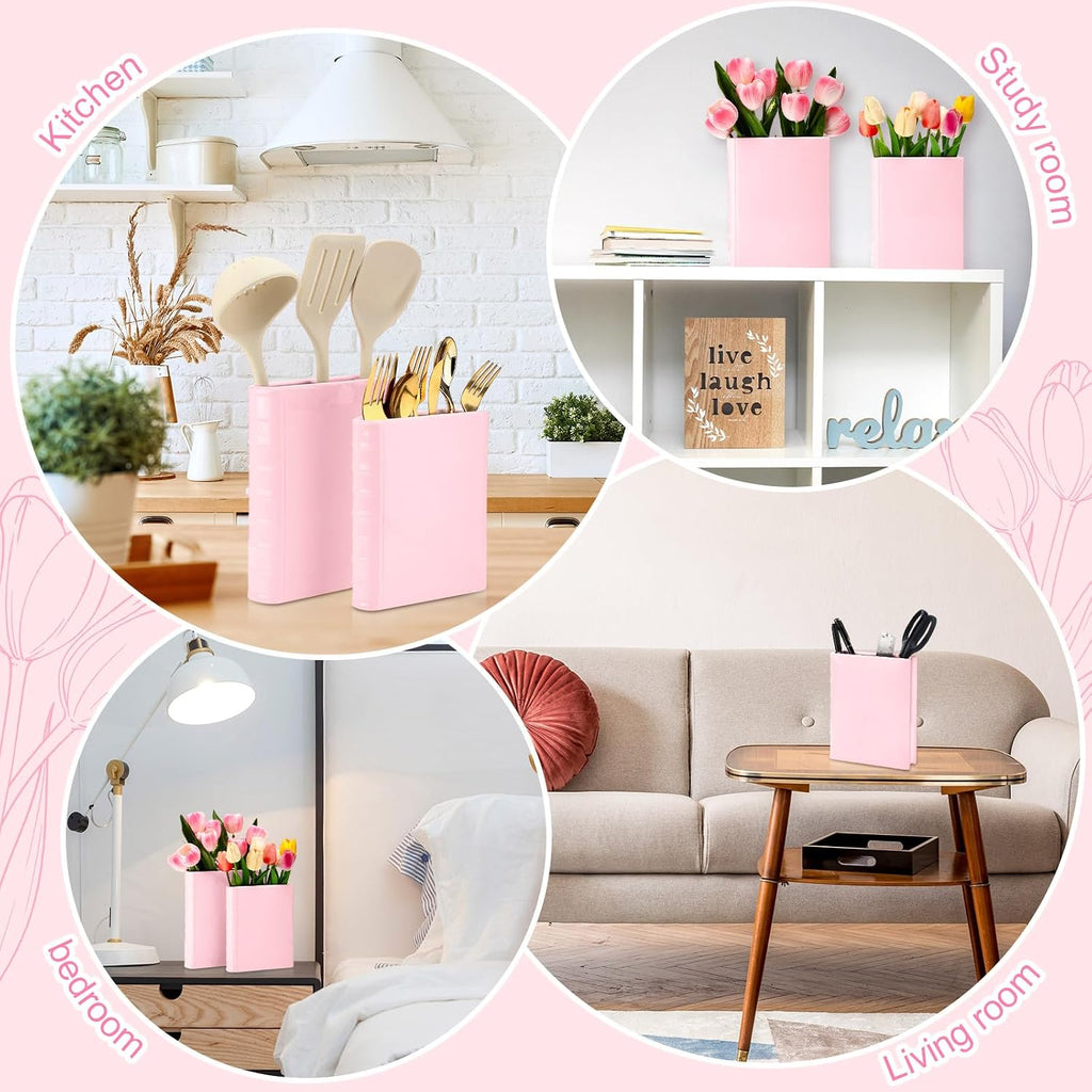 Vesici 2 Pcs Ceramic Book Shape Vase for Flowers Gifts for Christmas Cute Bookshelf Decor Vase for Book Lovers Gifts Unique Vases Home Decor for Bookshelf Dining Table Office Home(Pink)