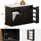 4 EVER WINNER Kitchen Island with Storage, Kitchen Island Cart on Wheels with Trash Can Cabinet, Spice Rack & Towel Rack, Kitchen Island Table with Faux Marble Countertop, Black