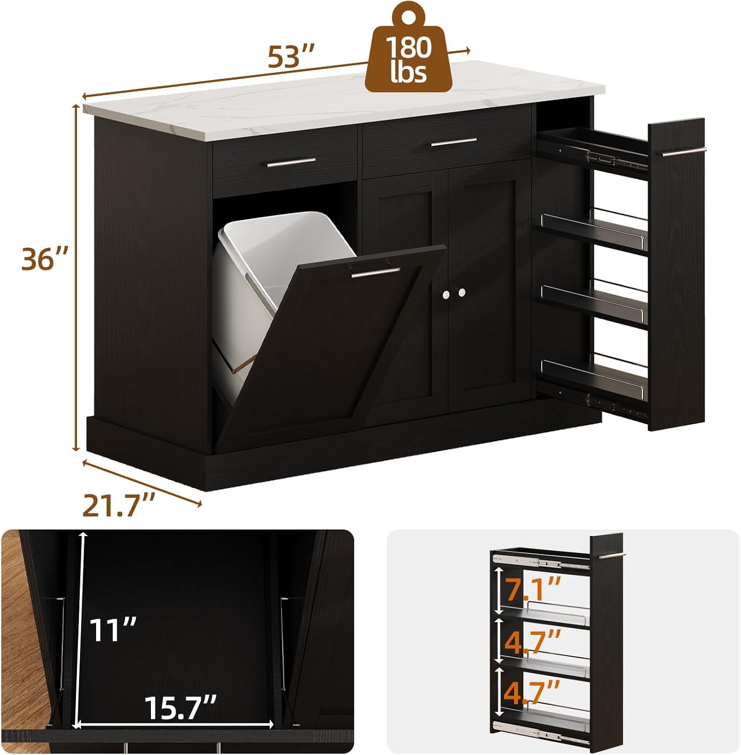 4 EVER WINNER Kitchen Island with Storage, Kitchen Island Cart on Wheels with Trash Can Cabinet, Spice Rack & Towel Rack, Kitchen Island Table with Faux Marble Countertop, Black
