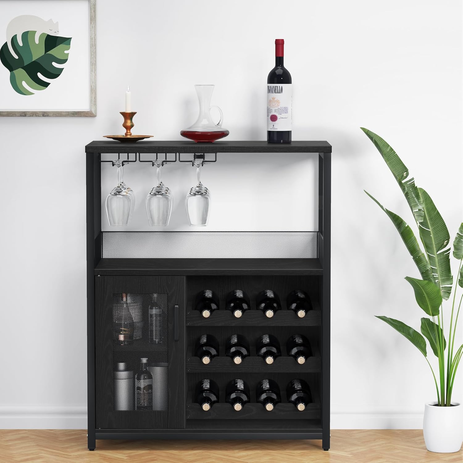 GAOMON Wine Bar Cabinet with Detachable Wine Rack, Bar Cabinet with Storage Space & Glass Holder, Mesh Door, Small Buffet Sideboard for Liquor and Glasses