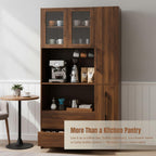 70.87" Tall Microwave Cart with Storage, Kitchen Pantry Cabinet with Multi-functional Pull-out Multi-tier Storage Shelf, 4-Tier Side Shelf 2 Drawers with Glass Door for Dining Room Home Office, Walnut