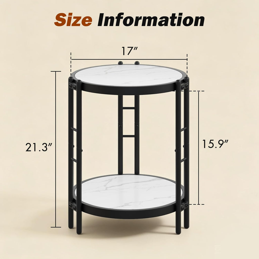 Alunaune Industrial End Table, 2-Tier Round Side Table, Small Modern Storage Shelf Metal Coffee Table Nightstand for Living Room Bedroom-White