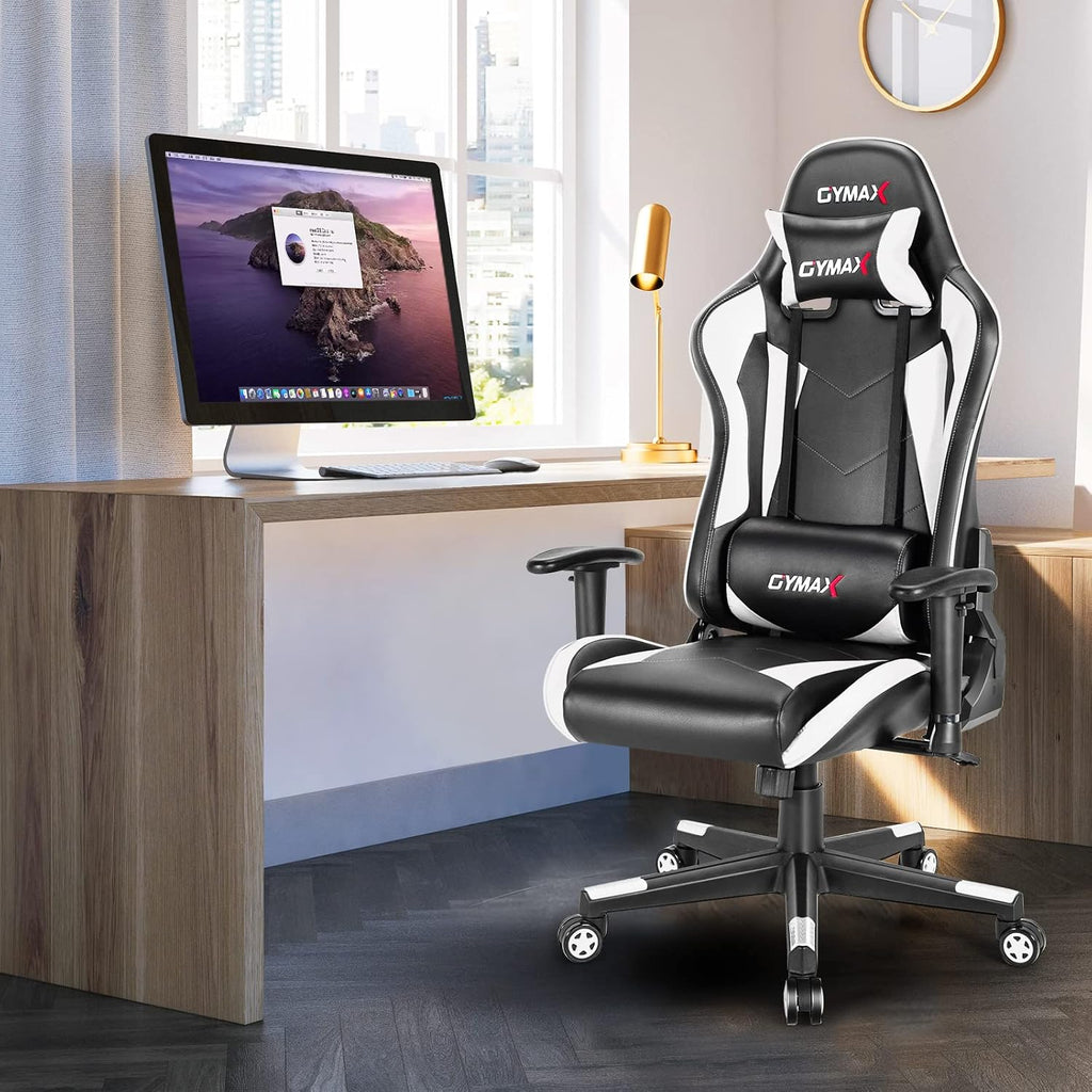 GYMAX Computer Gaming Chair, Racing Style Office Chair with Adjustable Lumbar Support Headrest, 360° Swivel, Height Adjustable Ergonomic Reclining Gaming Chair for Home Office Leisure Room (White)