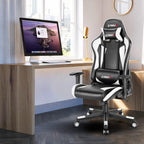 GYMAX Computer Gaming Chair, Racing Style Office Chair with Adjustable Lumbar Support Headrest, 360° Swivel, Height Adjustable Ergonomic Reclining Gaming Chair for Home Office Leisure Room (White)