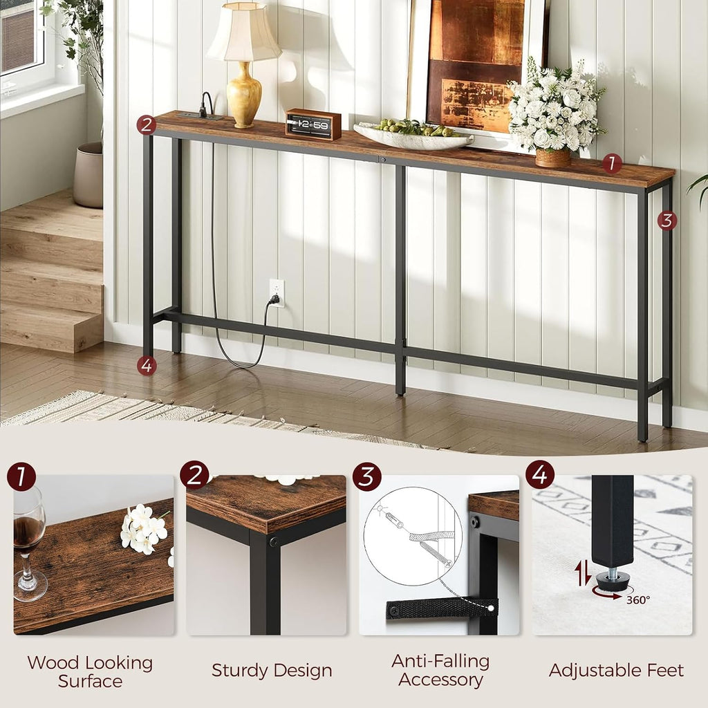 MAHANCRIS 70.9'' Console Table with Power Outlet, Narrow Sofa Table with Charging Station, Skinny Behind Couch Table for Entryway, Hallway, Foyer, Living Room, Rustic Brown CTHR18E01Z1