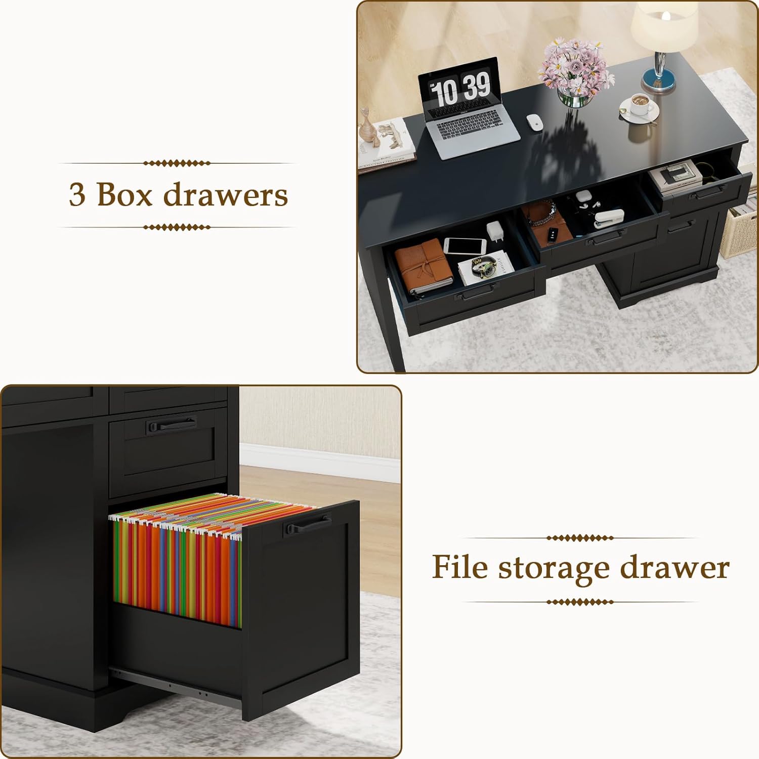 Vabches 55" Farmhouse Home Office Desk with File Drawer, Executive Computer Desk with 4 Storage Drawers, Rustic Computer Desk for Working, Studying, Writing（Pure Black