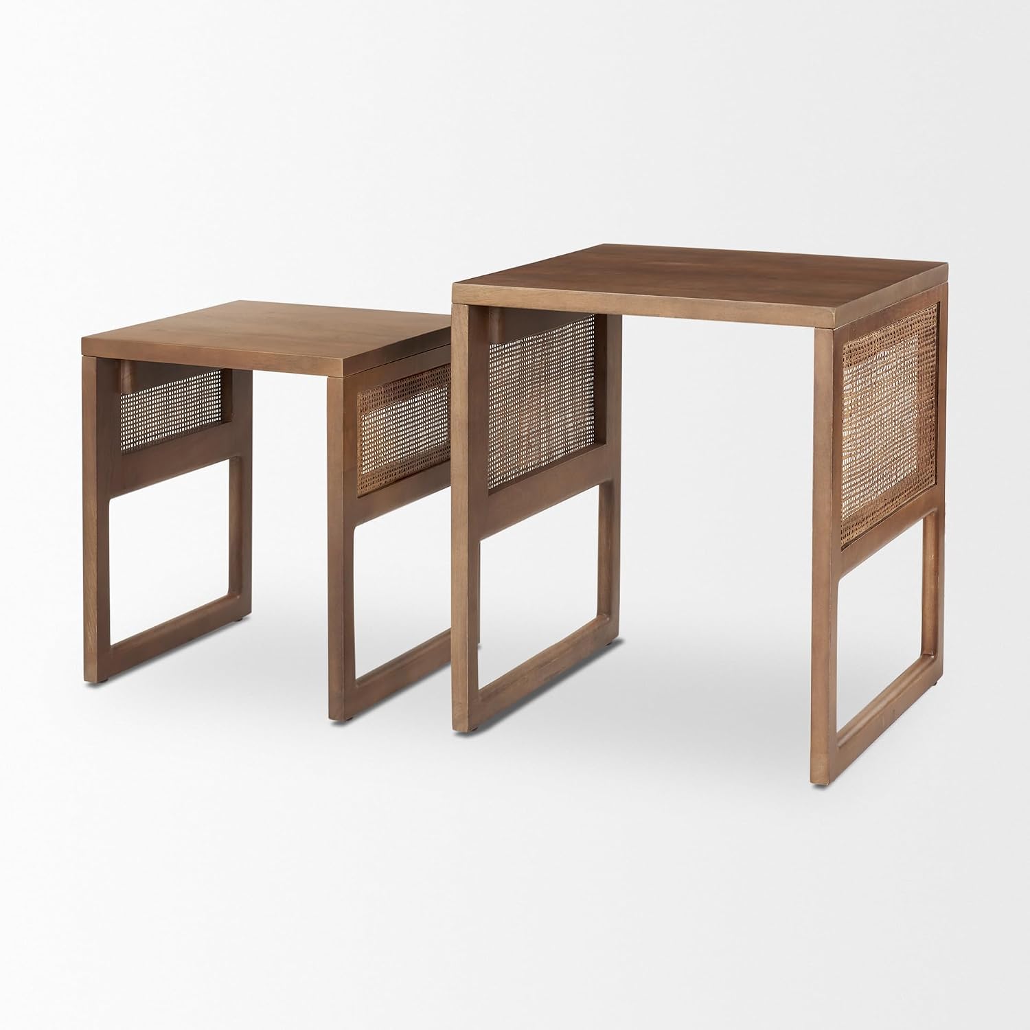 Mercana Grier Set of 2 Medium Brown Solid Wood w/Cane Nesting Accent Tables