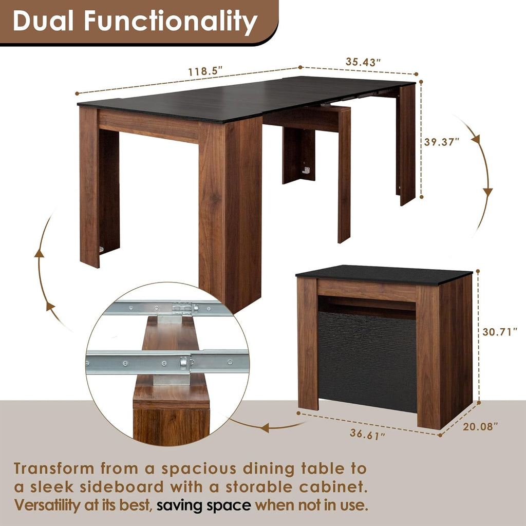 20"-118" Extendable Dining Table for 2-12 People, Modern Modular Extension Table, Space-Saving Extra Long Multifunctional Folding Dining Table, Walnut&Black