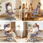 High Back Velvet Office Chair Purple, Comfy Home Executive Desk Chairs with Flip-Up Arms, Fabric Ergonomic Chairs with Lumbar Support, Stylish Computer Swivel Chair with Wheels for Women