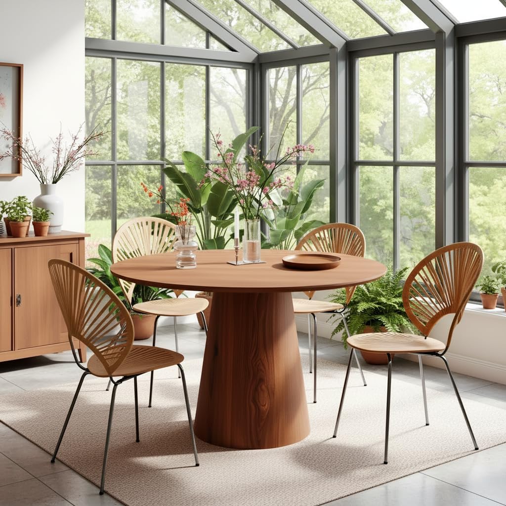 43" Wood Round Dining Table for 2 4 5, Modern Farmhouse Rustic Circle Kitchen Table with Minimalist Circular Pedestal for Dining Room Kitchen, Dinner Living Room, Restaurant Walnut New