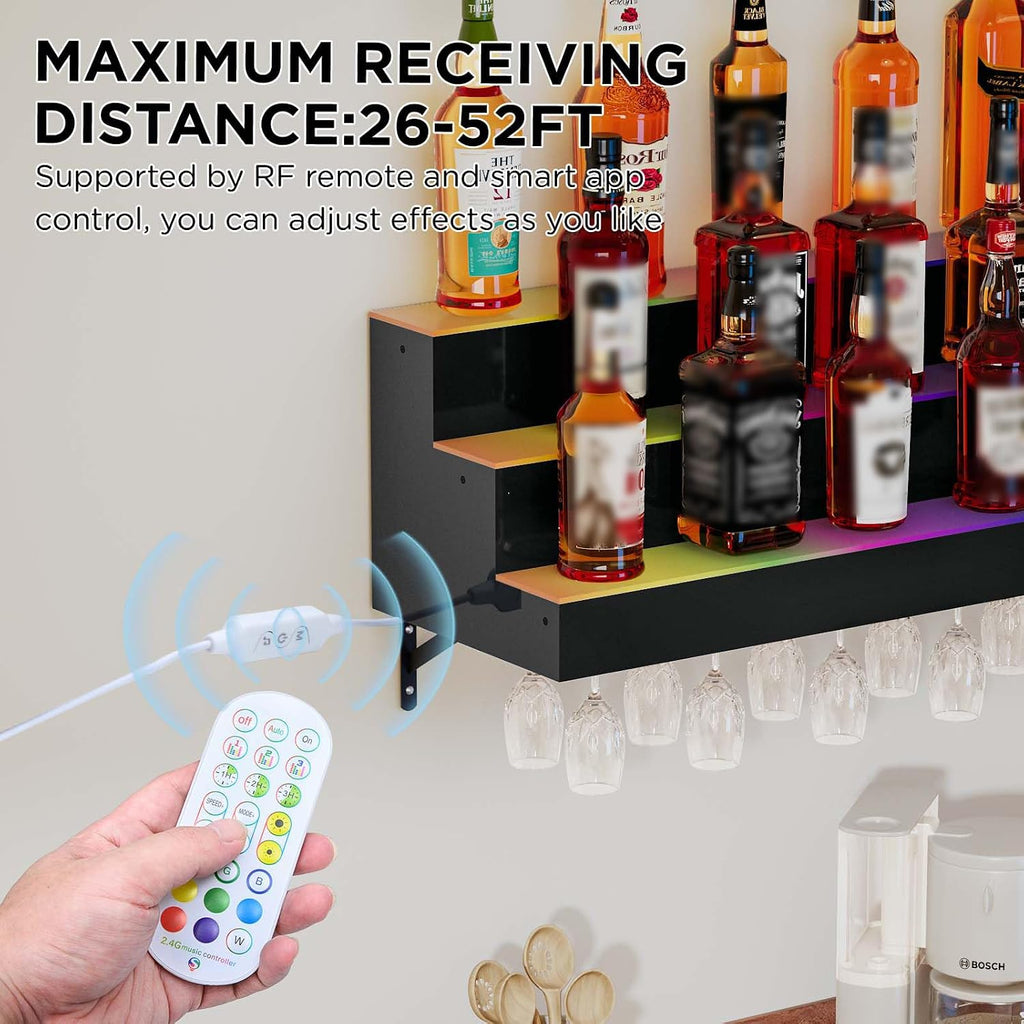 Dethan 2 Tier 32 Inch LED Lighted Liquor Bottle Display Shelf - Wall-Mounted Wine Rack with Multi-Color App & Remote Control, Adjustable Brightness & Sound Modes, Acrylic Bar Shelf for Commercial Club
