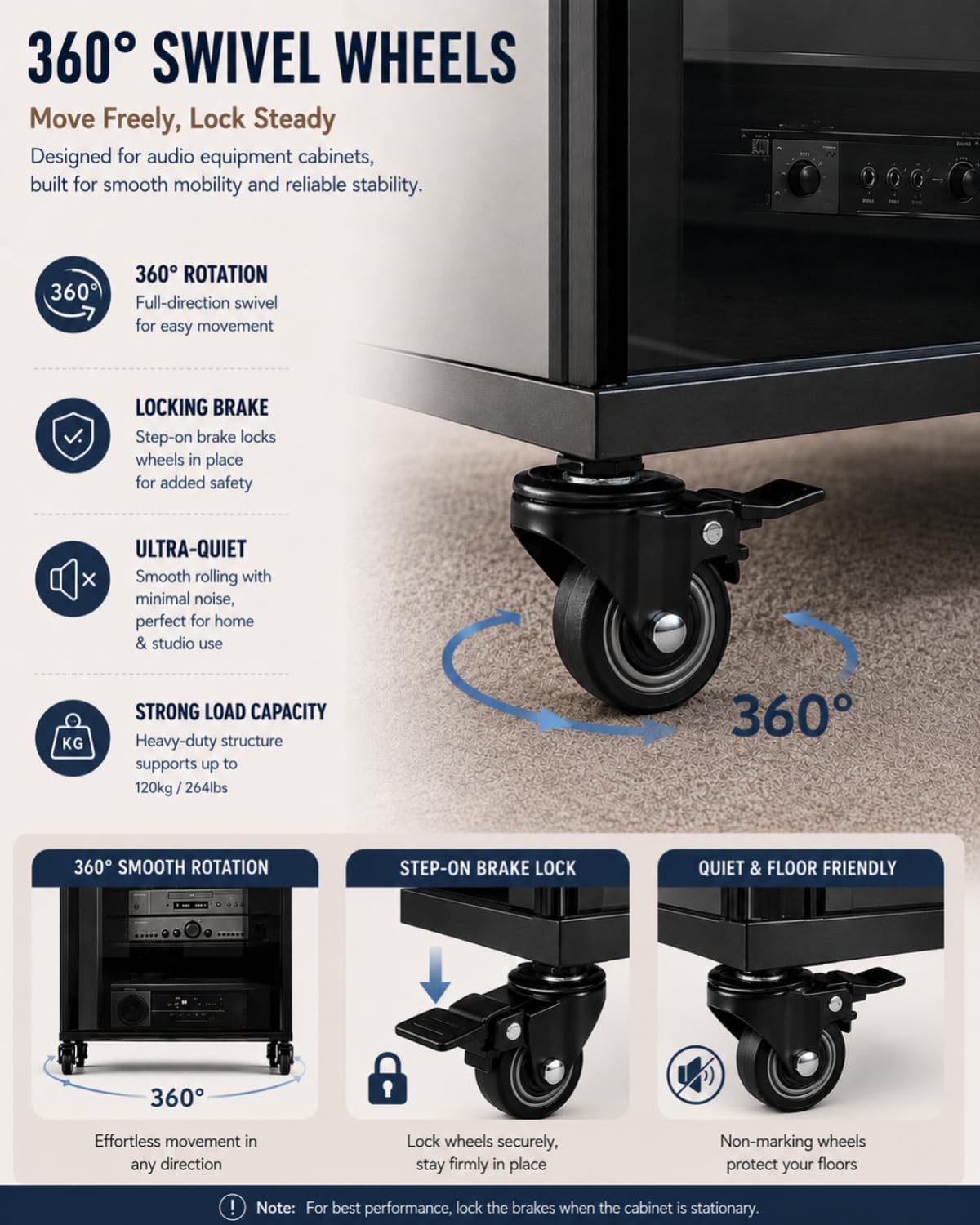 Rolling Audio Rack with Glass Door, Heavy Duty Media Cabinet with Cable Management and dust Protection, Modern Living Room/Bedroom/Video Home Theater Cabinet (3-Tier)