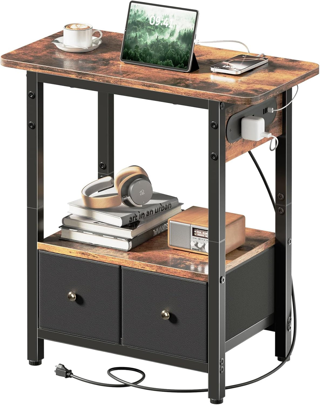 HLDIRECT 24" W End Table with Charging Station & USB Ports (Rustic Brown) | 2 Fabric Drawers & Storage Shelf ,Max Load 45 lbs, FSC-Certified MDF Wood, Metal Frame, Bedside Table for Small Space