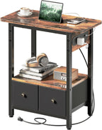 HLDIRECT 24" W End Table with Charging Station & USB Ports (Rustic Brown) | 2 Fabric Drawers & Storage Shelf ,Max Load 45 lbs, FSC-Certified MDF Wood, Metal Frame, Bedside Table for Small Space