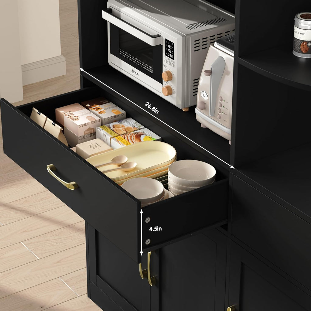 BOTLOG 67" Kitchen Pantry Cabinet, Modern Kitchen Hutch with 5 Doors and 2 Drawers, 3-Tier External Shelf, Large Pantry Storage Cabinet with Microwave Stand for Dining Room, Black