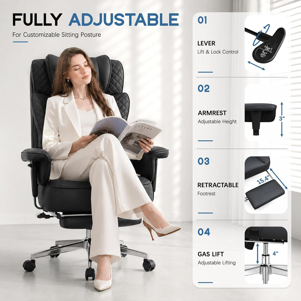Office Desk Chair, High-Back Big and Tall Leather Chair with Footrest, Ergonomic Reclining Computer Chairs, Comfy Executive Wide Chair with Lumbar Support, Adjustable Padded Armrests, 400LBS (Black)