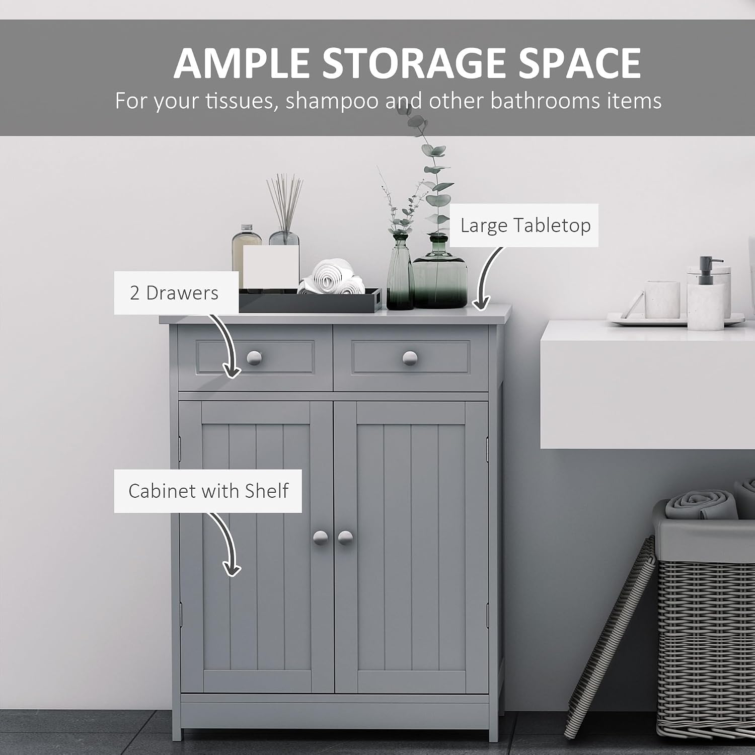 Floor Cabinet with 2 Doors, 2 Drawers and Adjustable Shelf, Freestanding Storage Cabinet for Bathroom,for Kitchen Home