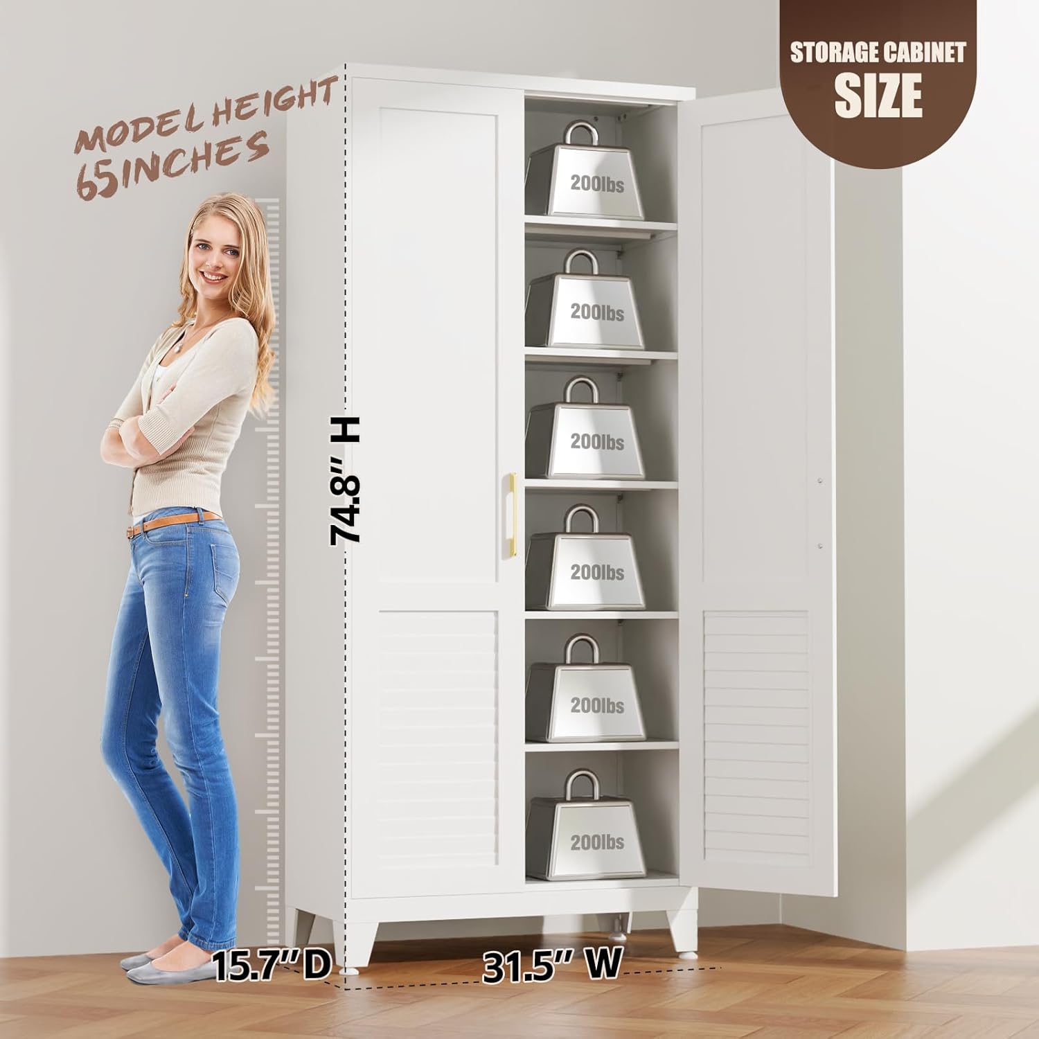 75''Storage Cabinet ,Pantry Cabinet with Doors and Shelves,Tall Kitchen Pantry Cabinet, White Metal Kitchen Storage Cabinets, Freestanding Cupboard for Laundry Bathroom Living Room, Assemble Required