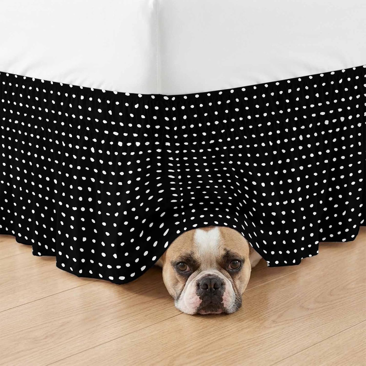 Black Bed Skirt Cal King Size 18 Inch Drop, Adjustable & Elastic Wrap Around Bed Skirts Pleated Luxury Dust Ruffles For Twin Full Queen Cal King Base Bed, Abstract White Polka Dot Geometric Modern Art